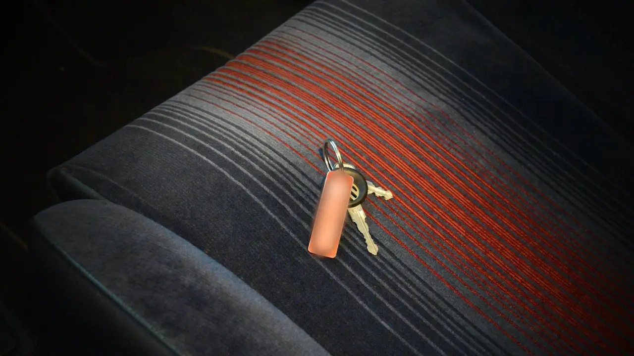 A set of car keys lying on a cloth car seat.