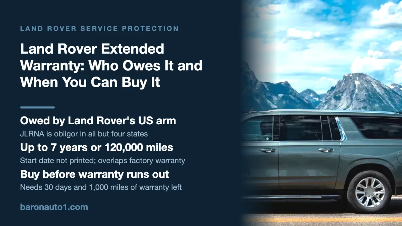 Brand panel beside a large grey SUV parked on a lakeside road below snow-streaked mountains