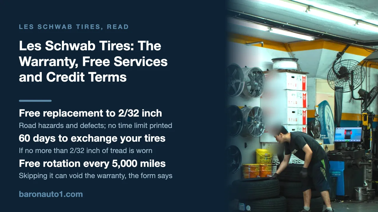 Brand panel beside a wheel-and-tire shop with a worker stacking tires