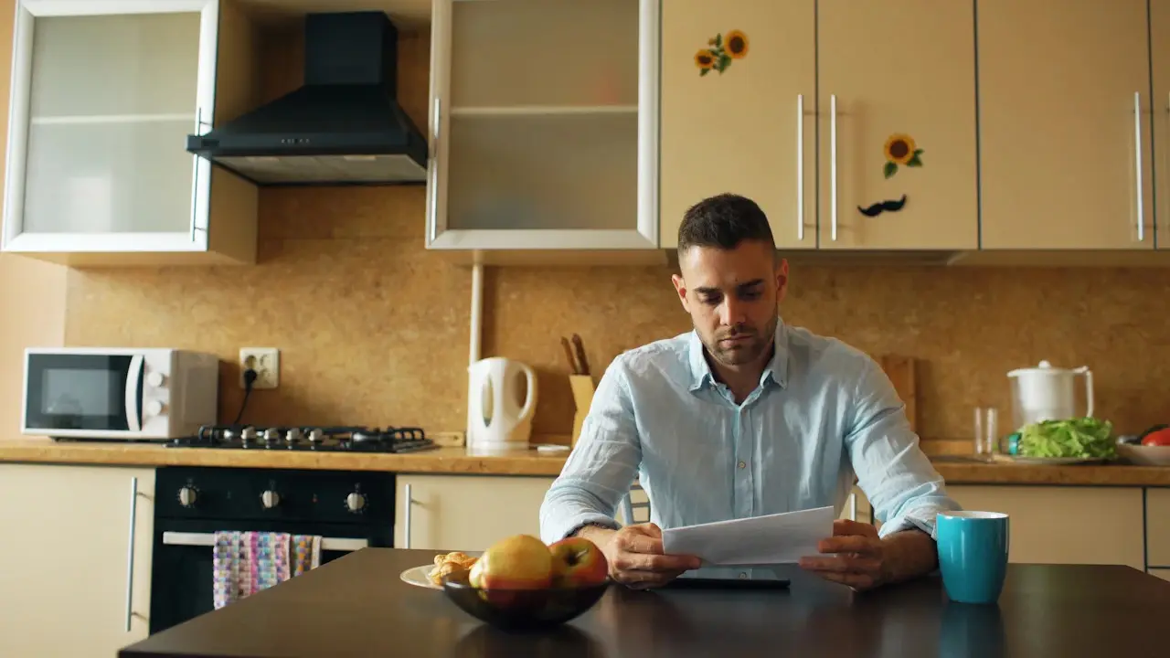 A man reading a letter at a kitchen table.