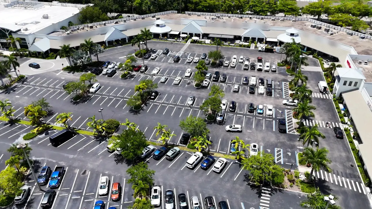 An aerial view of a large parking lot full of cars beside a low retail building and palm trees, shop signs blurred.