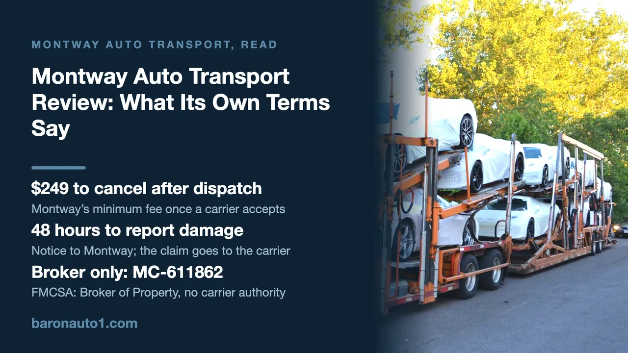 Brand panel beside a car-transporter trailer loaded with covered new cars