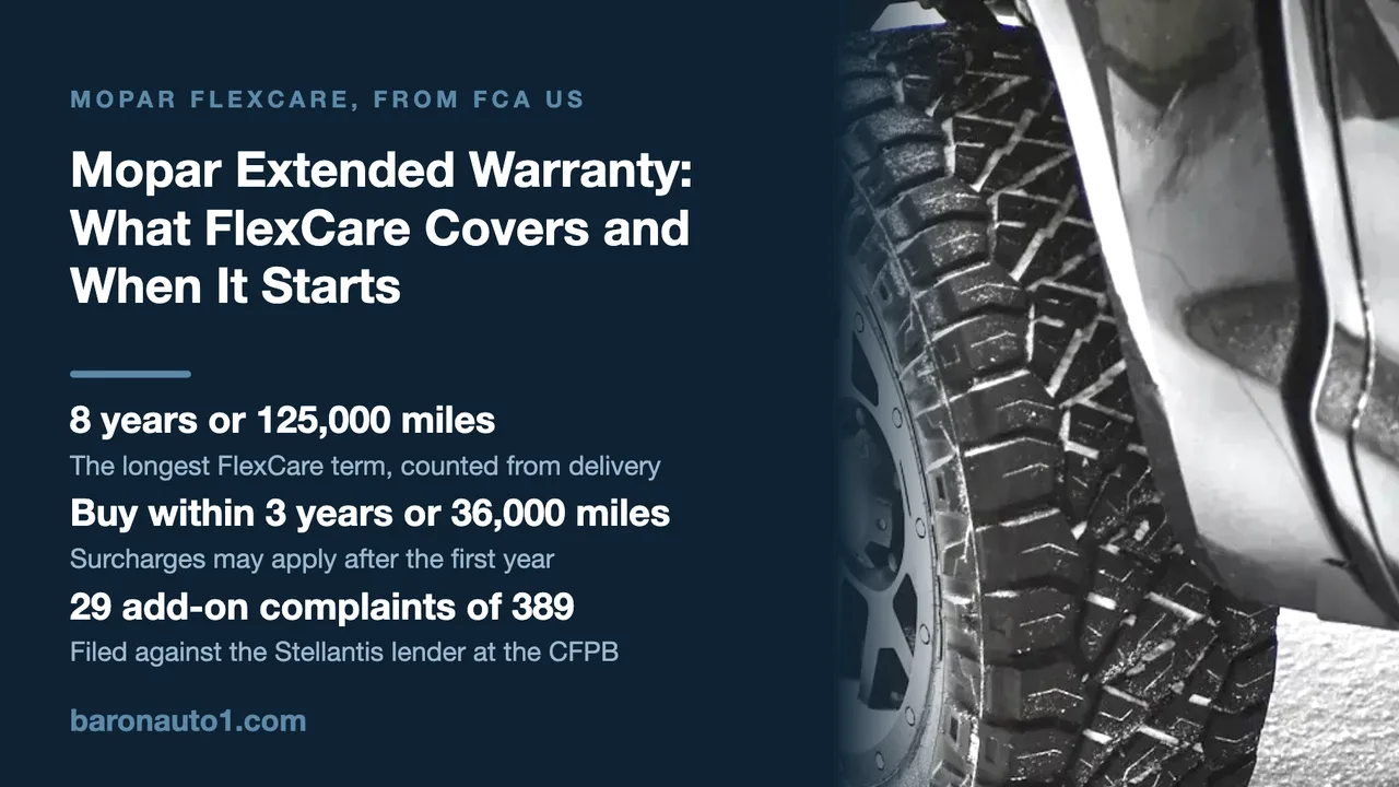 Brand panel beside the snow-dusted off-road tyre and black wheel of a pickup truck on a snowy road