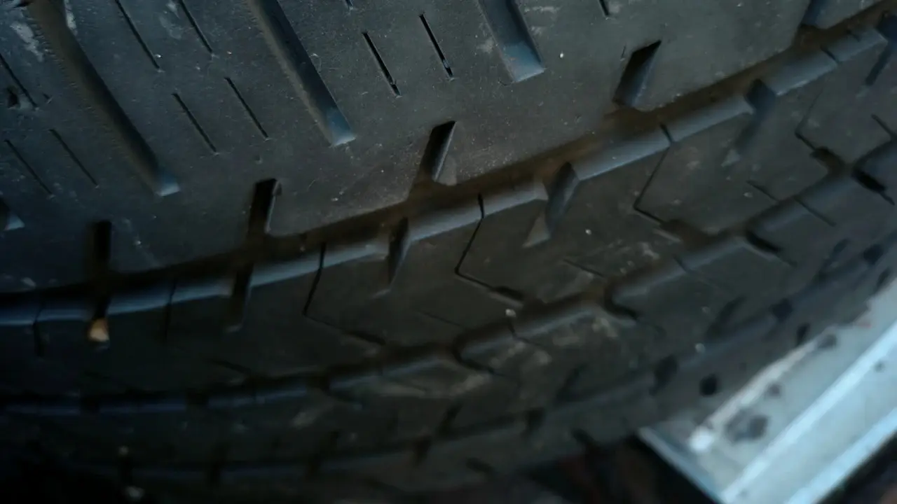 A tire's tread with a nail head lodged in a groove.