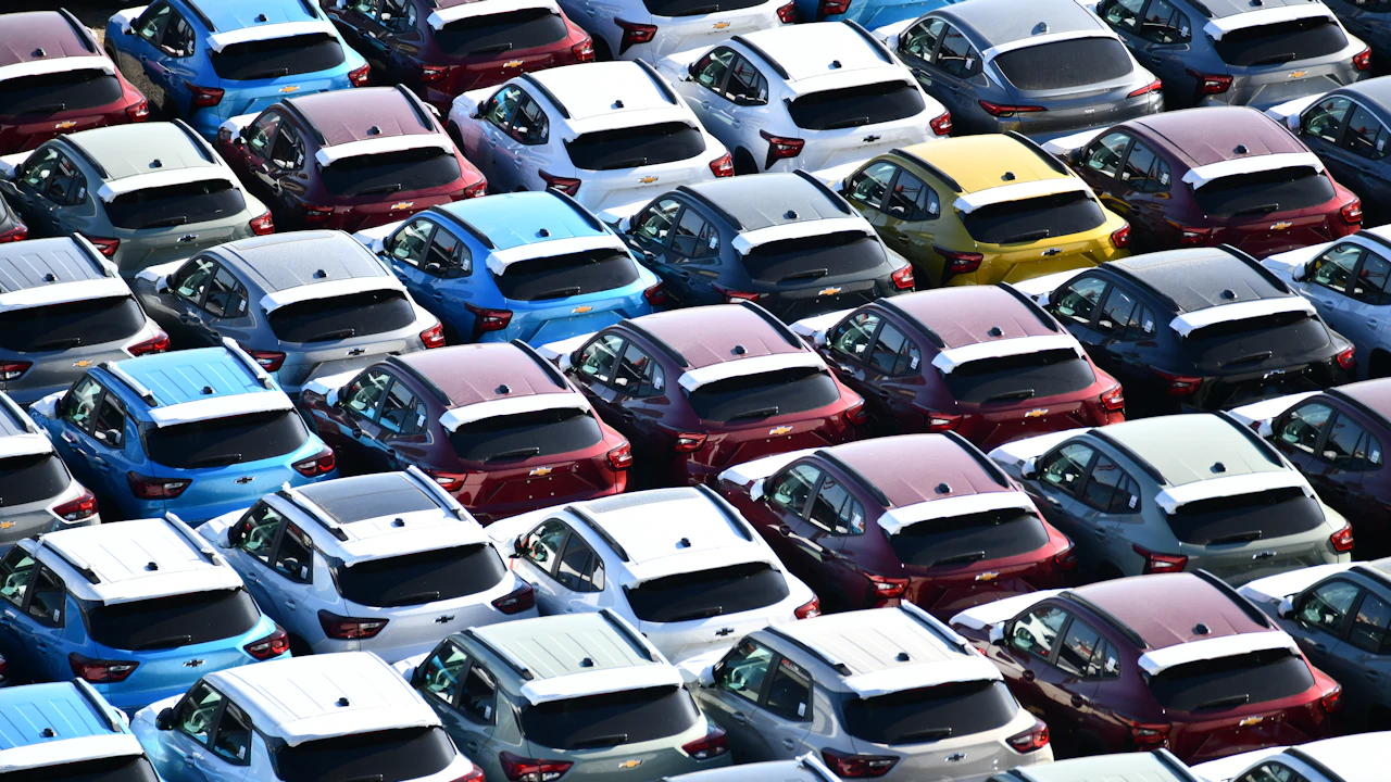 An overhead view of dozens of new cars packed in rows in a storage lot, seen from behind