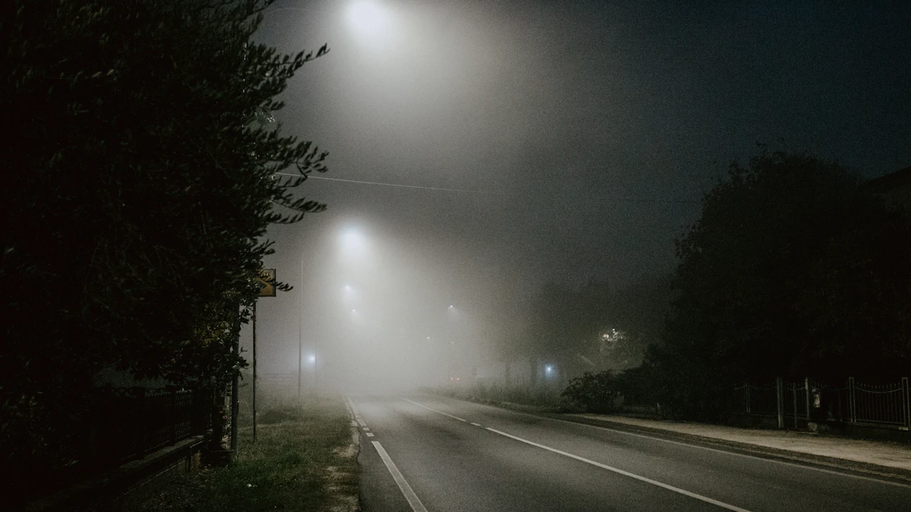 An empty road at night under streetlights in heavy fog