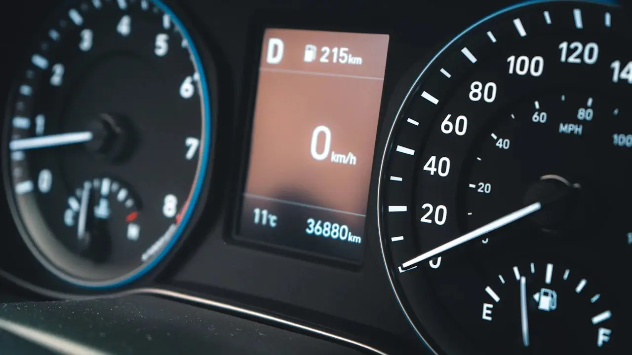 A car’s digital instrument cluster with the speedometer and an odometer reading in kilometres.