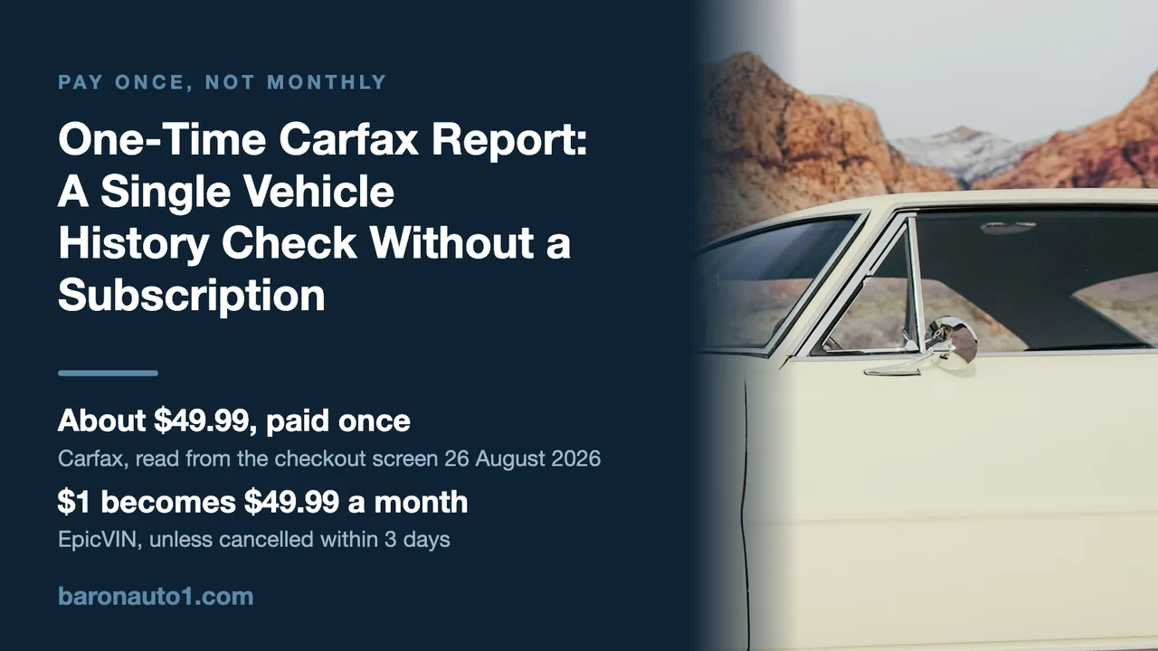 Brand panel contrasting a one-time Carfax payment with a trial that renews monthly, beside the door, side windows and chrome mirror of a cream classic car, with red-rock desert mountains behind