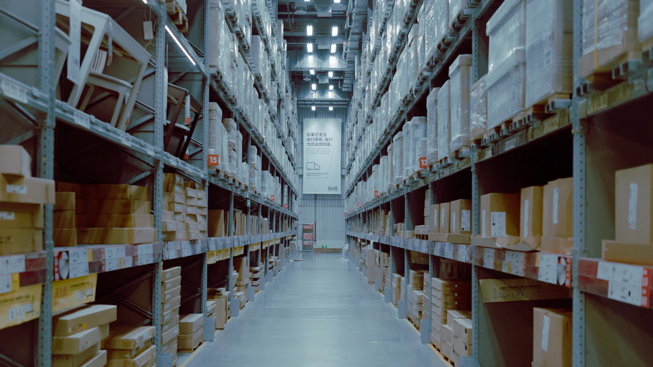 A long aisle in a parts warehouse, steel racking stacked to the ceiling on both sides with boxed stock under strip lighting