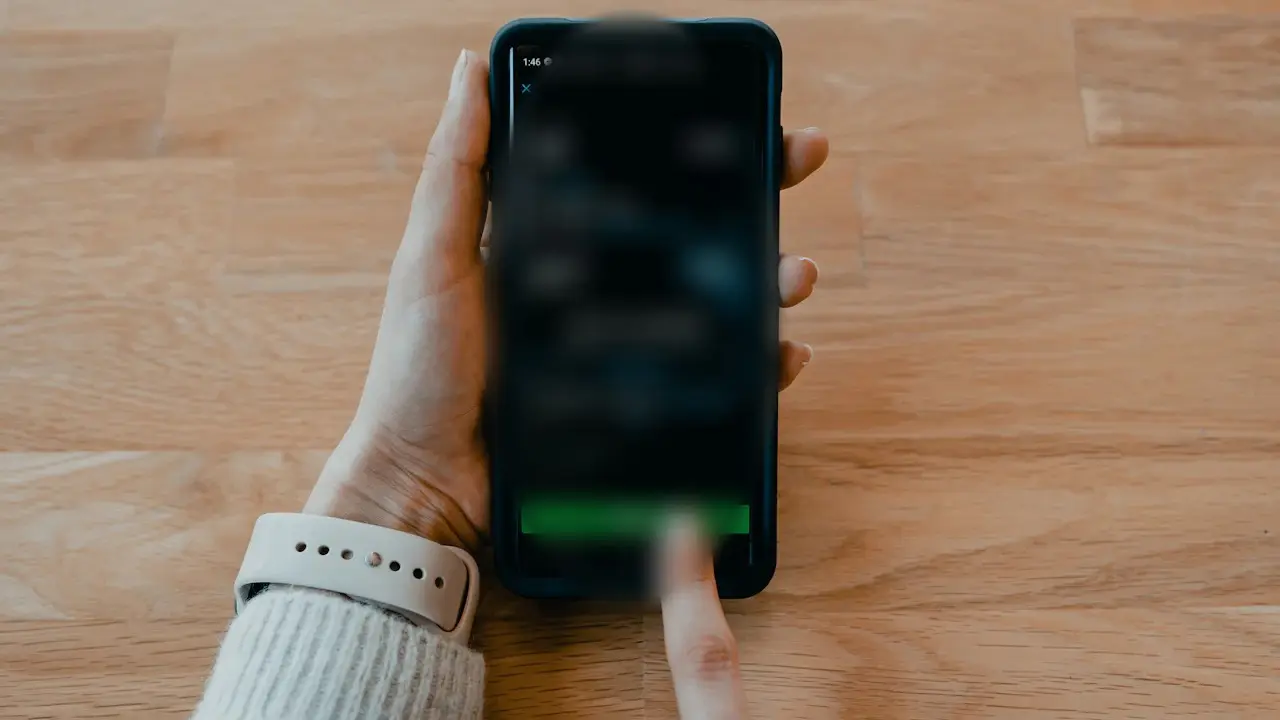 Hands holding a phone over a wooden table.
