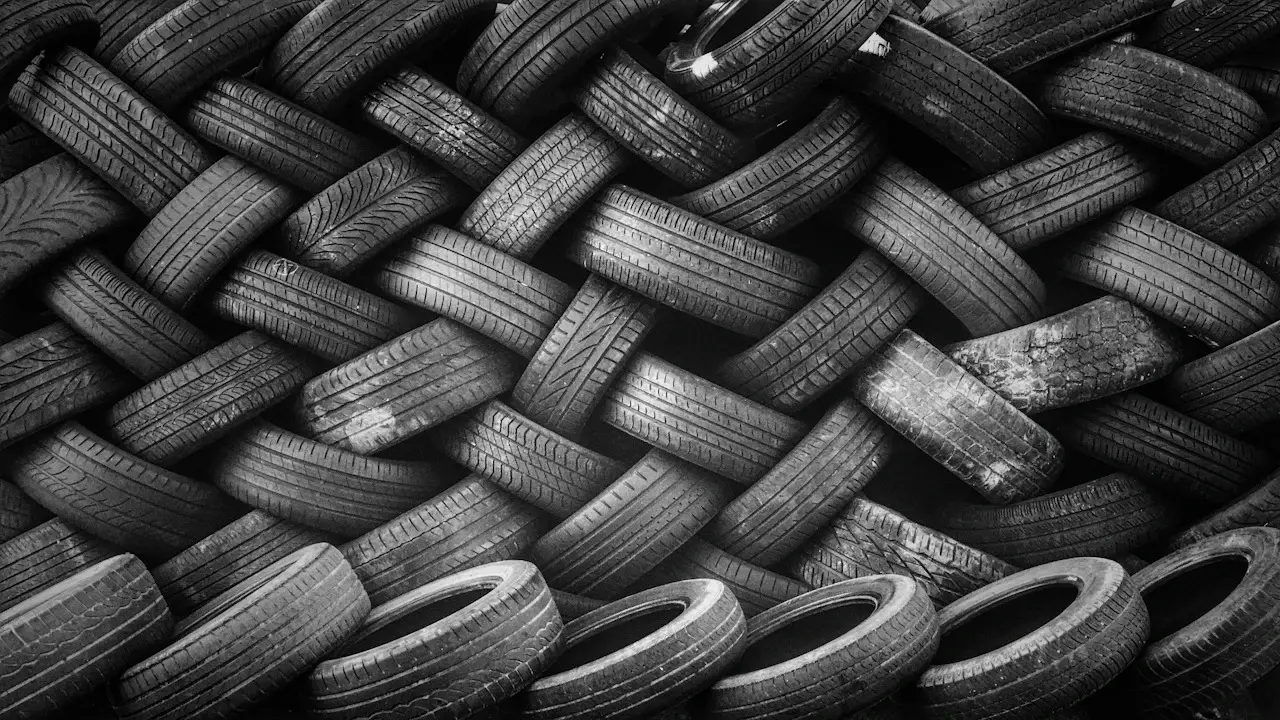 Black-and-white photo of a large woven pile of tires.