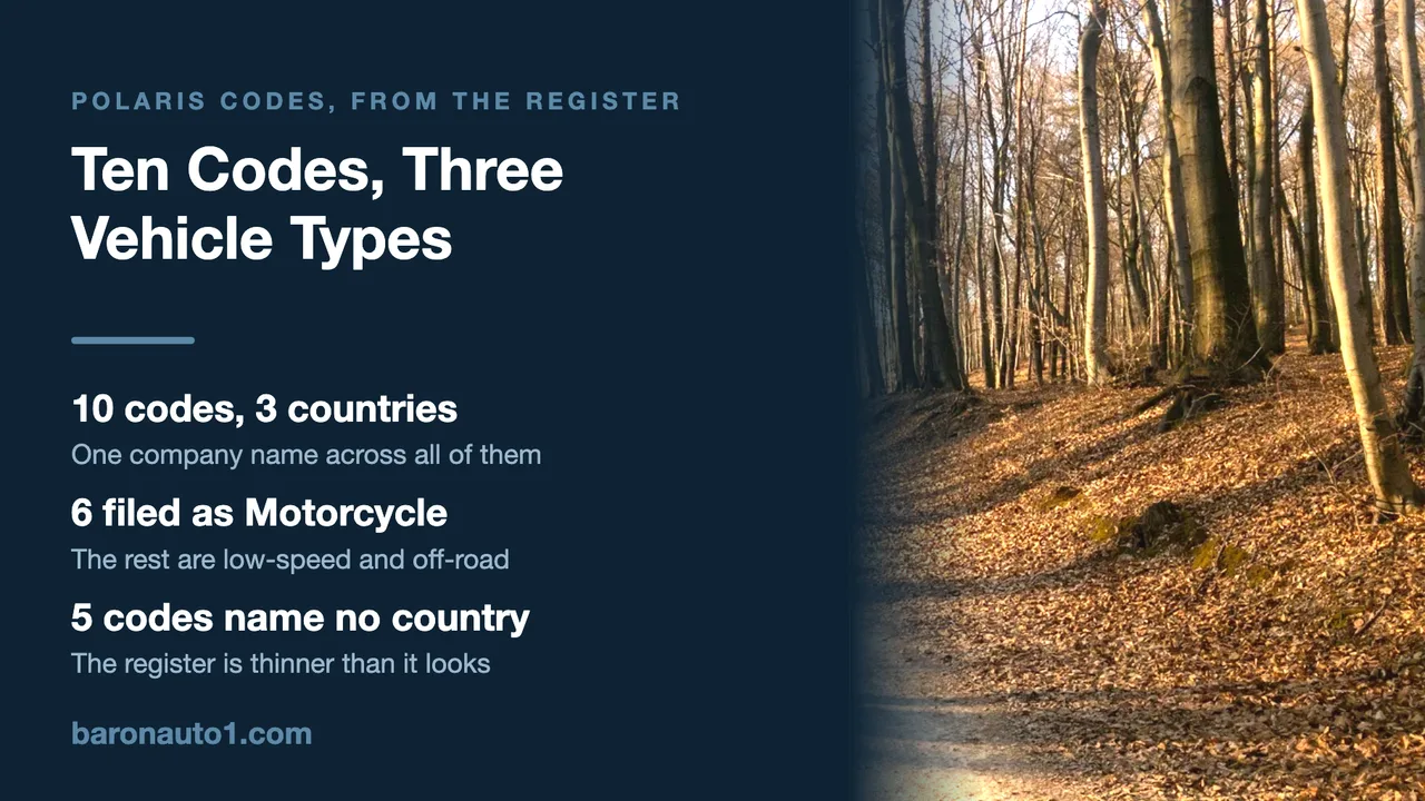 Brand panel listing Polaris manufacturer code counts beside a gravel track between bare trees