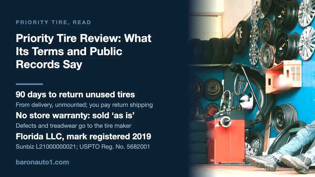 Brand panel beside a tire shop with stacked tires, wall-hung rims and a wheel balancer