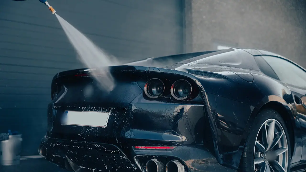The rear of a dark coupe being rinsed with a pressure washer.