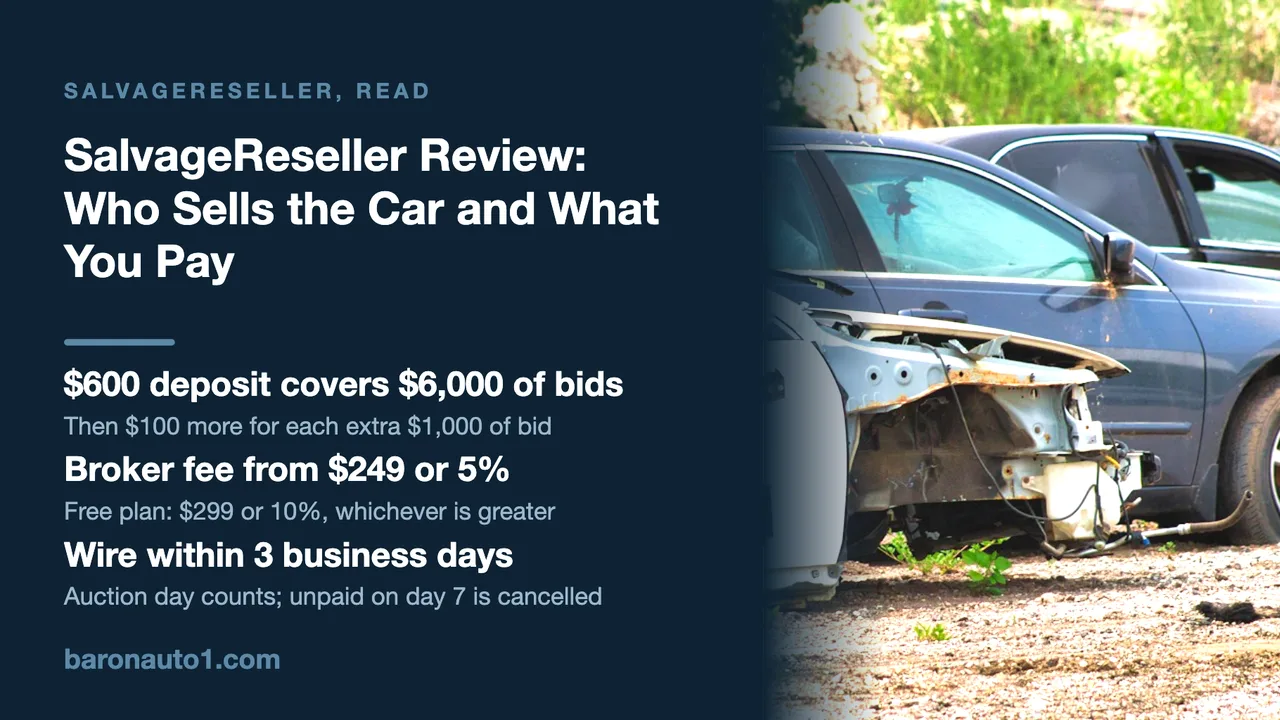 Brand panel beside damaged cars on a salvage lot, one stripped to the frame