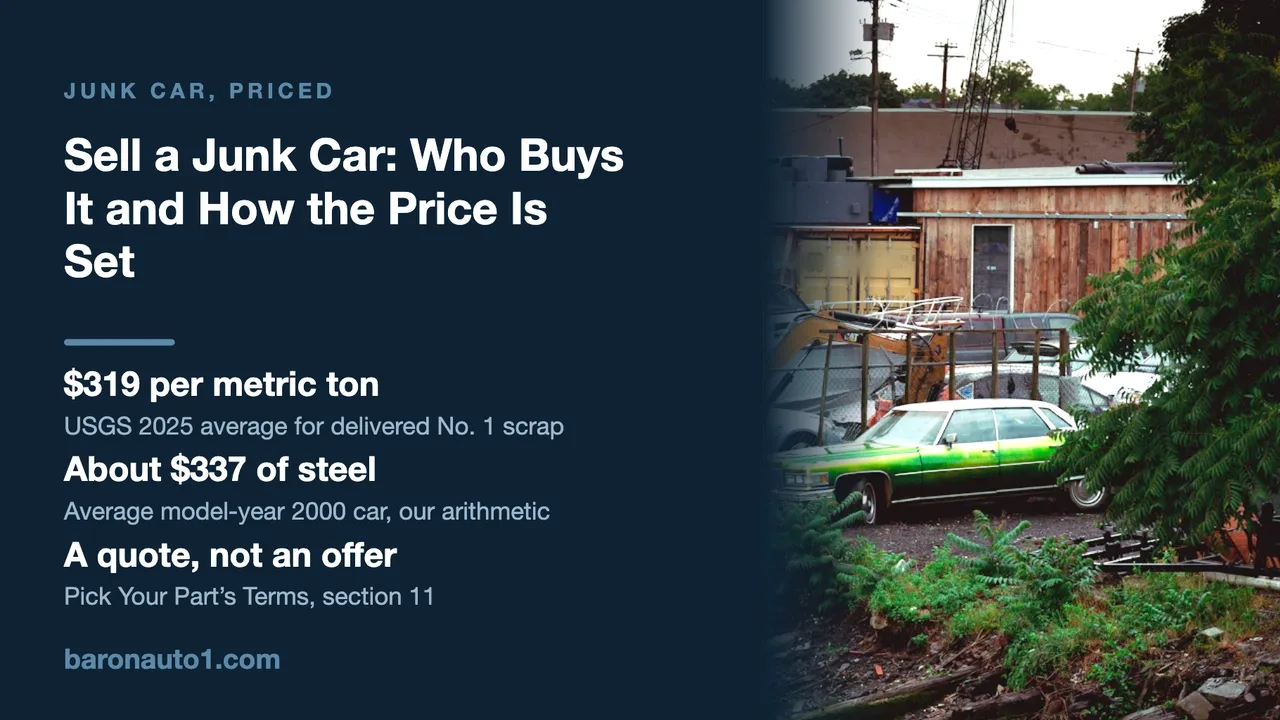 Brand panel beside an old green sedan parked among wrecked cars and machinery in a junkyard