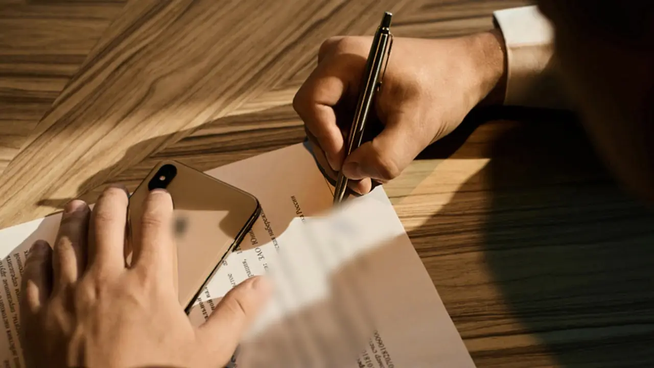 Hands signing a printed contract beside a phone.