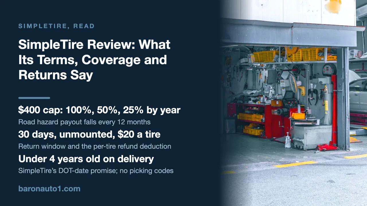Brand panel beside an open tire-shop bay with its tire changer