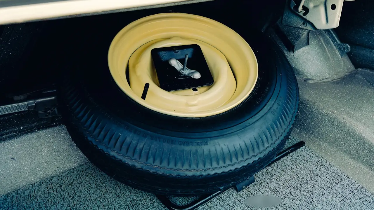 A space-saver spare tire and jack stored under a car’s trunk floor.
