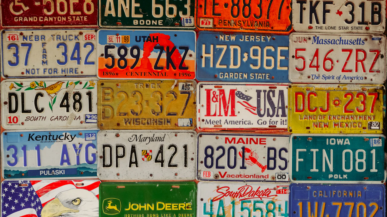 A wall covered edge to edge in old American licence plates, four to a row and a dozen states represented — Arizona, Pennsylvania, Texas, Nebraska, Utah, New Jersey, Massachusetts, South Carolina, Wisconsin, New Mexico, Kentucky, Maryland, Maine, Iowa, South Dakota and California among them — each in its own colours and lettering, most of them dented and sun-faded.