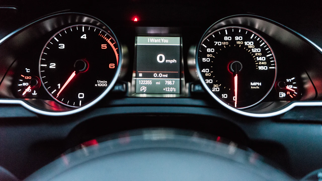 A car's instrument cluster lit at night — a rev counter, a central display and a speedometer