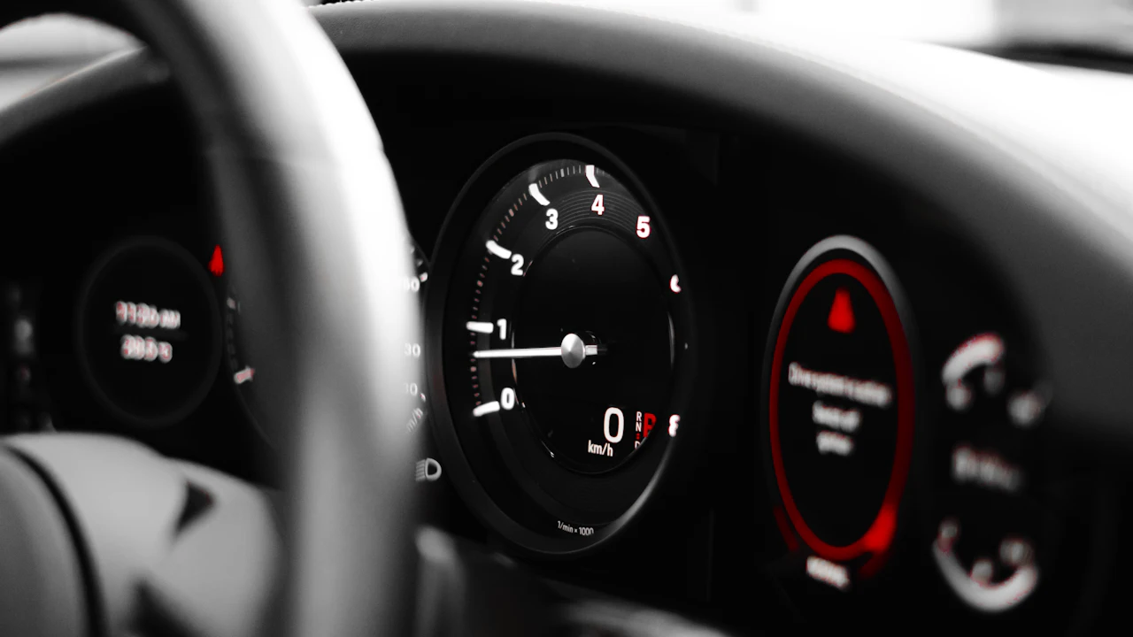 A car's instrument cluster behind the steering wheel, a central rev counter reading zero and gauges to the sides