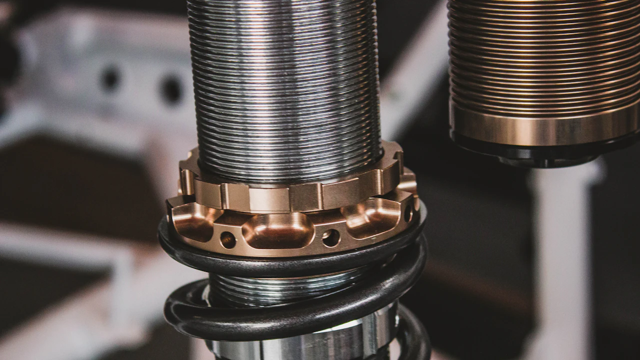 A car's strut and coil-spring assembly, close up