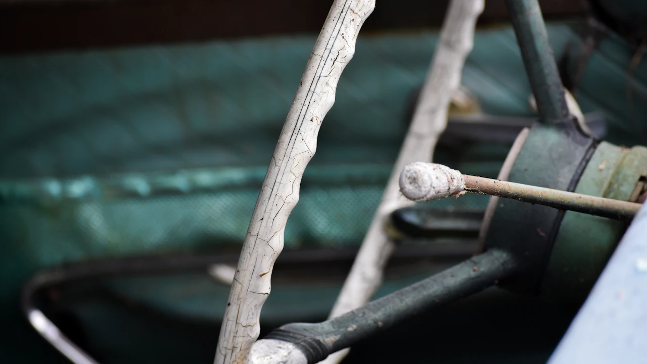 A car's steering tie rod and linkage with a rubber boot, seen close up