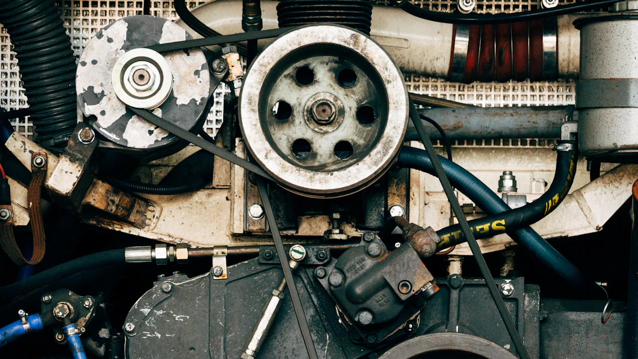The front of a car engine showing pulleys, a drive belt and a tensioner