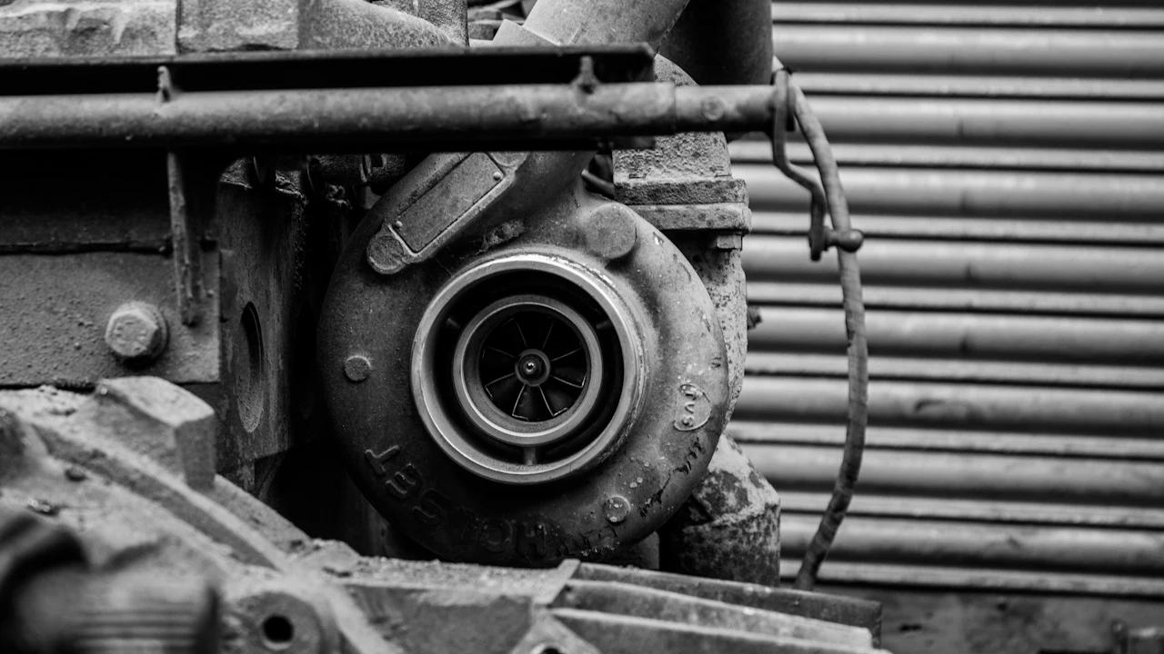 A turbocharger mounted on an engine, its compressor wheel visible