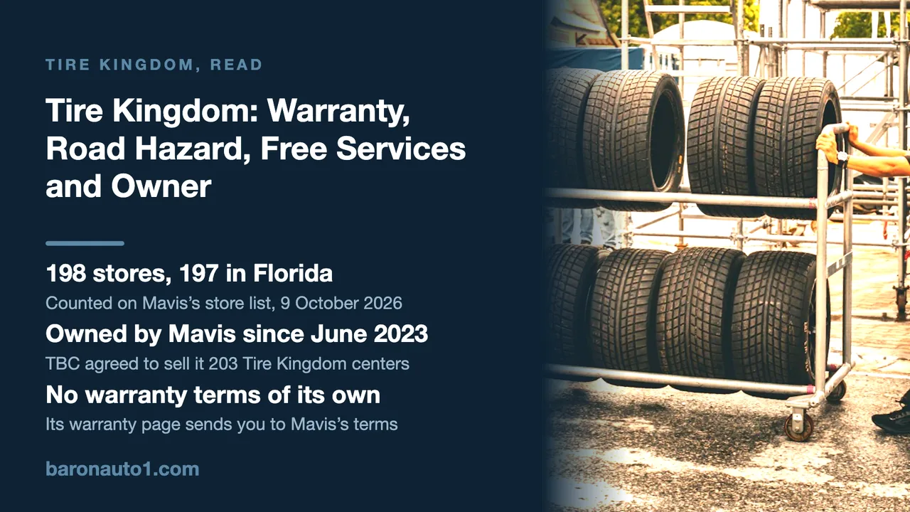 Brand panel beside two workers pushing a rack of new tires