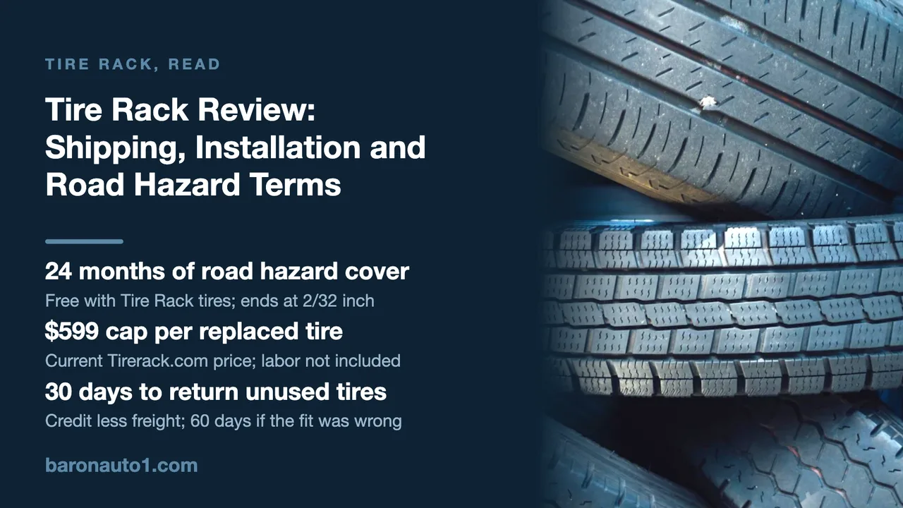 Brand panel beside a pile of tire treads