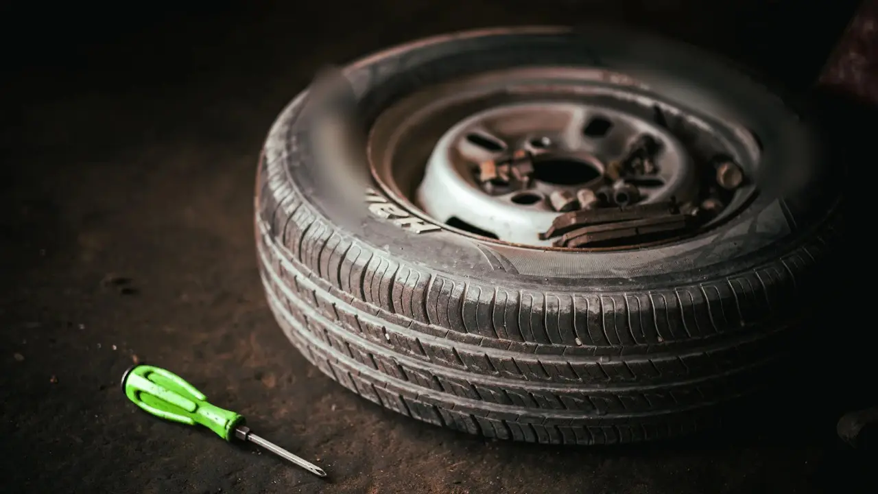 A worn tire on a rusty steel wheel lying on a dark floor beside a screwdriver.