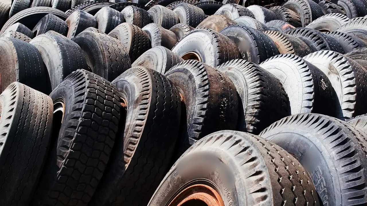 Rows of worn used tires stacked in a lot.