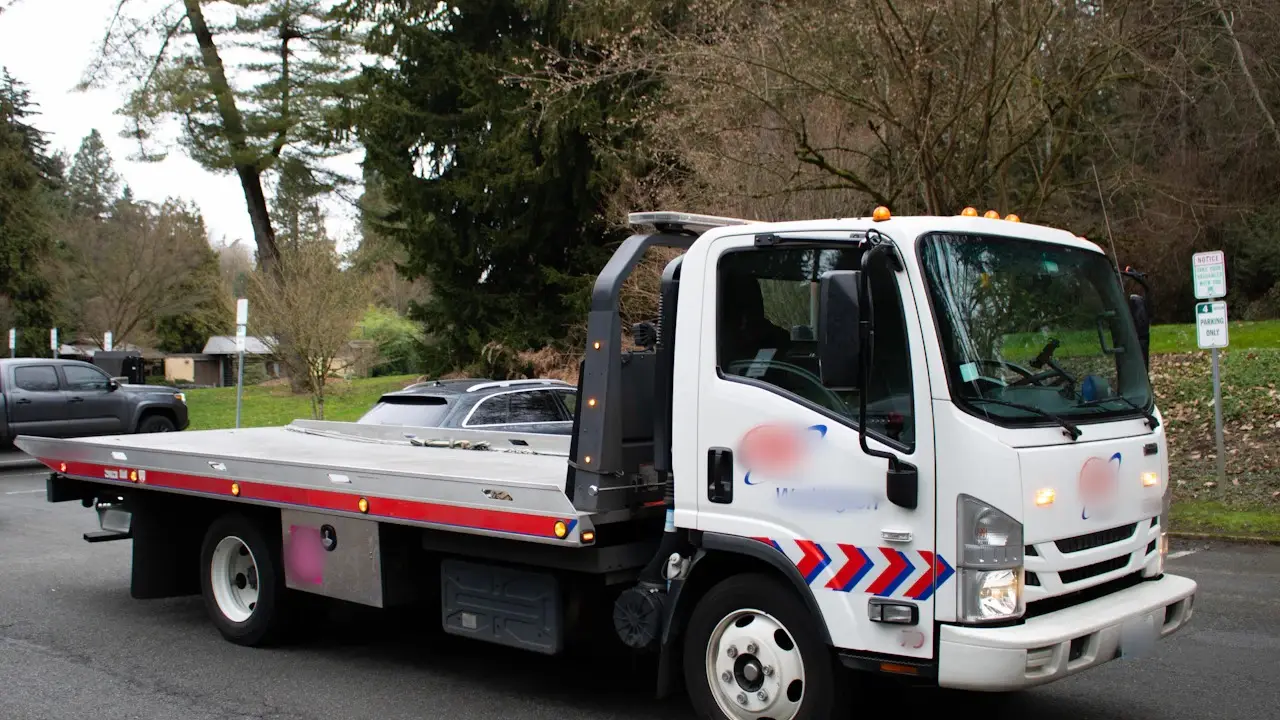 A flatbed tow truck parked by a road with trees behind it.