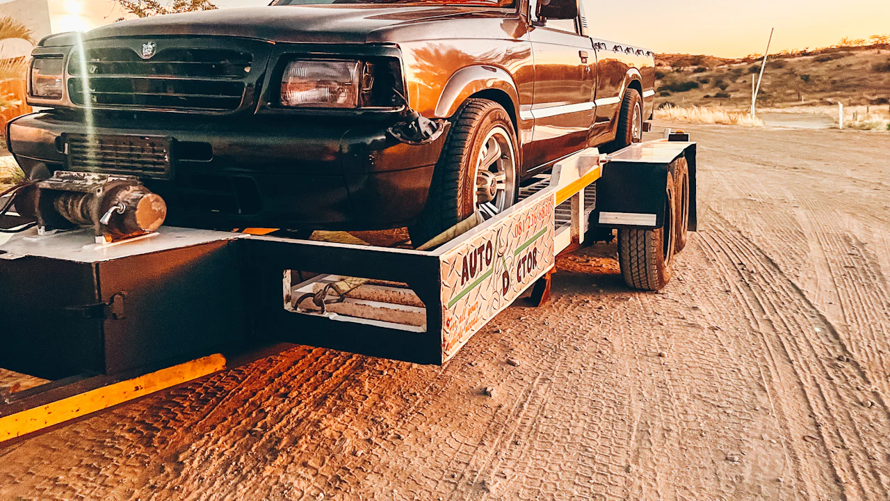 A dark pickup truck winched onto a twin-axle car-hauler trailer on a dirt road at sunset, the loading ramps still down