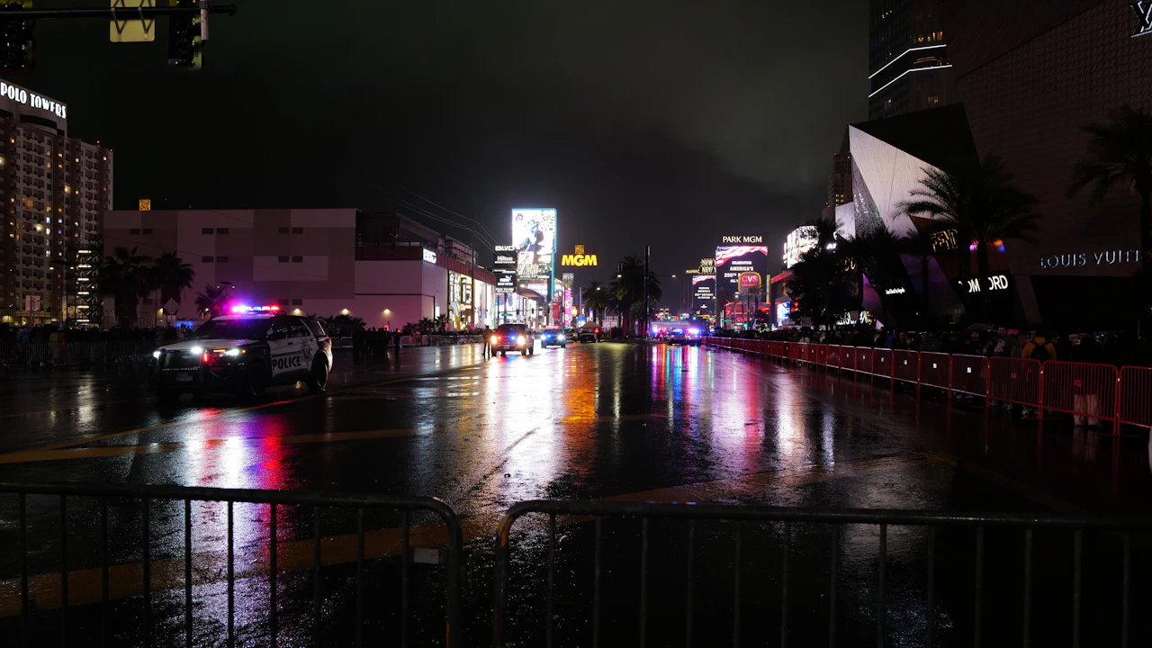 A wet city street at night with traffic, neon signs and flashing lights reflected on the road
