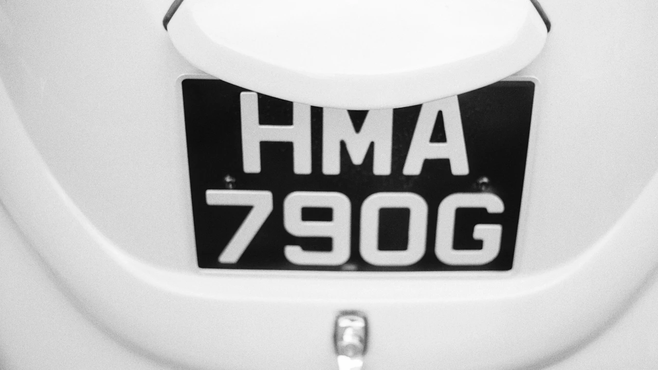 A black and white pressed metal number plate bolted to the smooth pale bodywork of a car, the raised characters catching the light