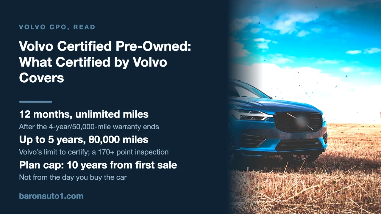 Brand panel beside a blue Volvo SUV parked on a harvested field under a blue sky