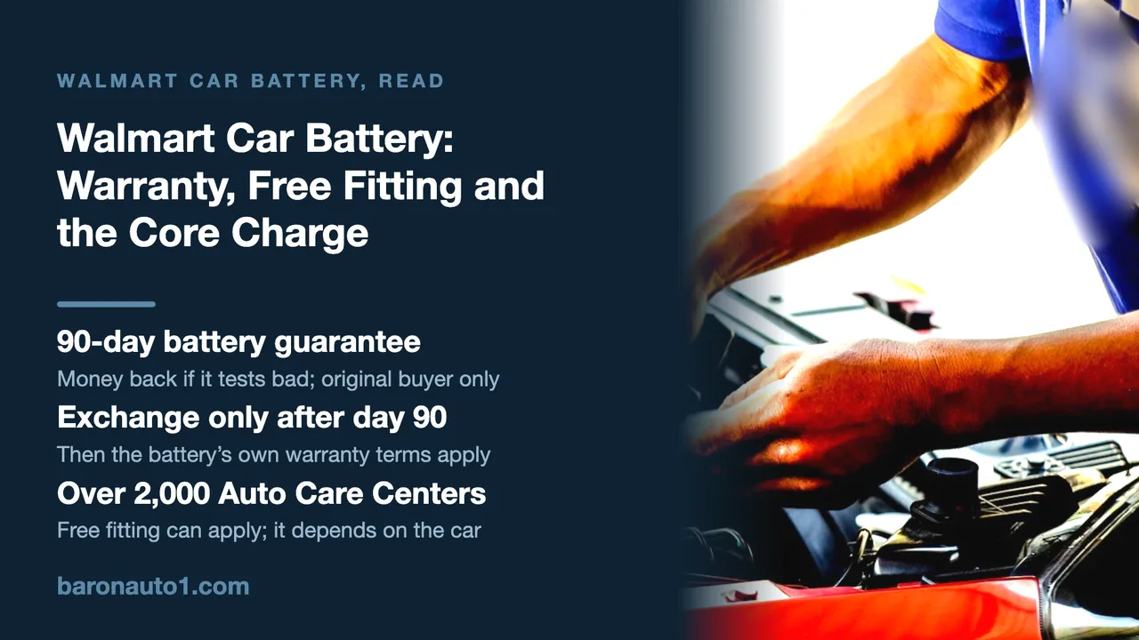 Brand panel beside hands tightening a battery terminal under a red car's open bonnet
