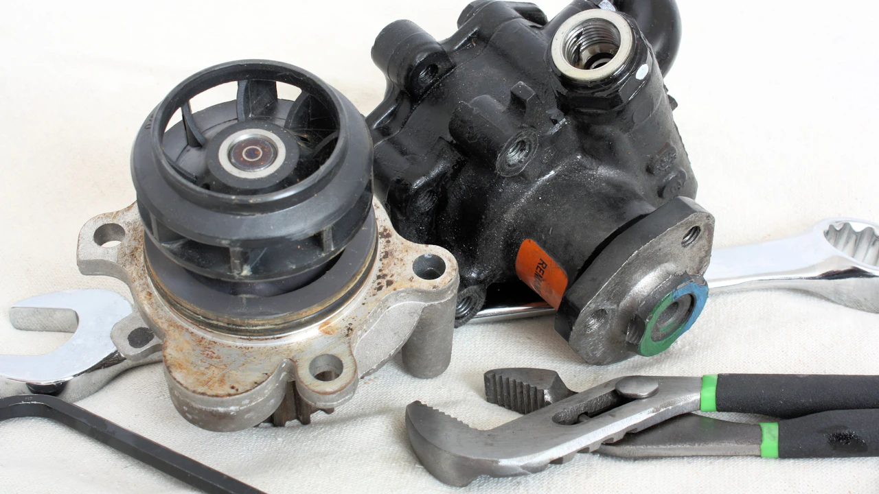 A used water pump and power steering pump on a bench beside spanners and pliers
