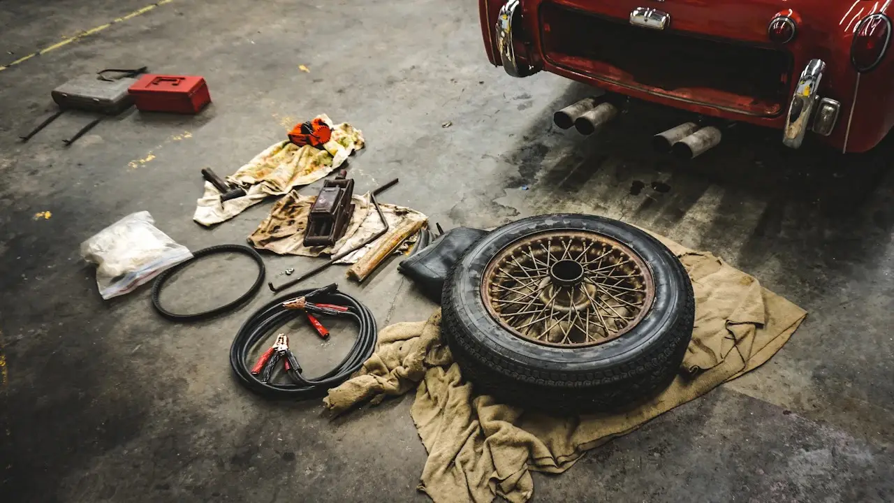 A wire-spoked wheel and tire lying on a cloth on a garage floor among tools and jump leads.