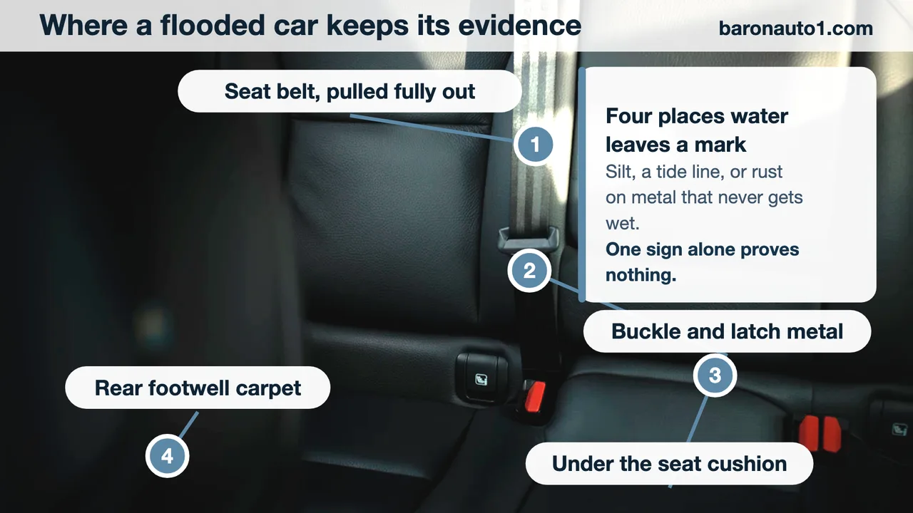 Rear car seat with four numbered call-outs marking where flood water leaves evidence