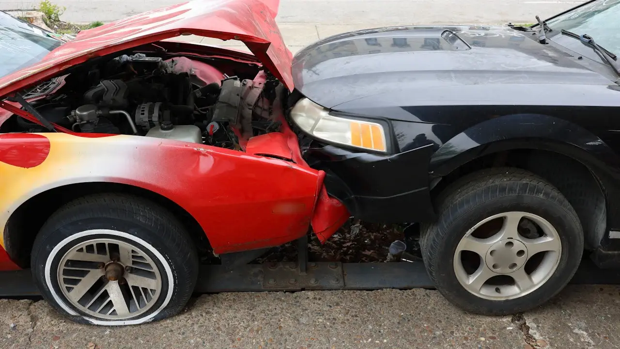 Two damaged cars pressed together nose to nose at a kerb, one with its hood buckled open.