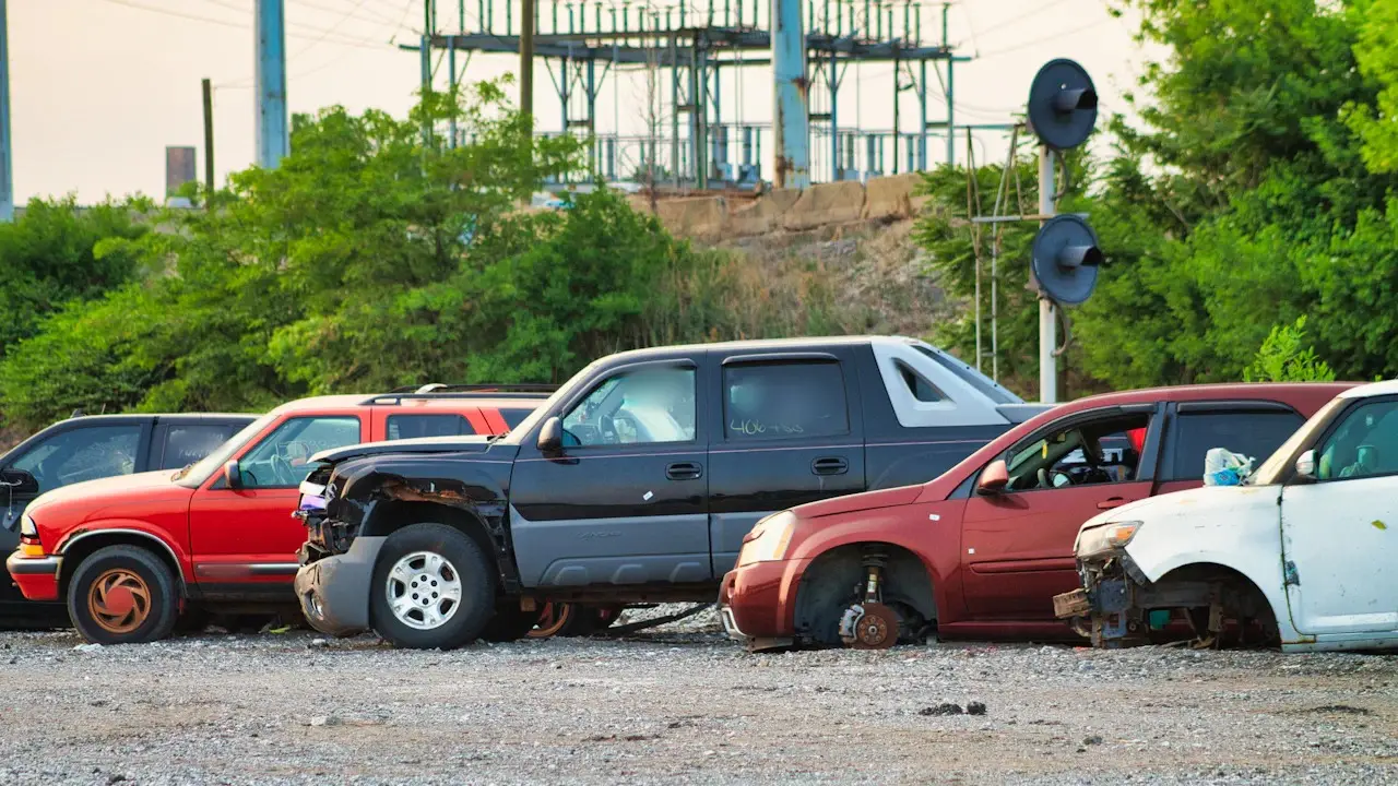 Damaged pickups and SUVs parked in a row on a gravel salvage lot.
